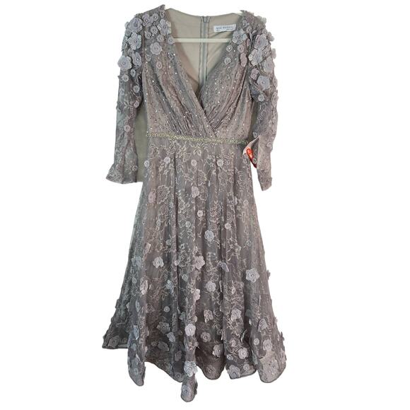 Mac Duggal Long Sleeve Floral Applique Embellished Lace Dress Sterling Size 8 - Picture 5 of 16